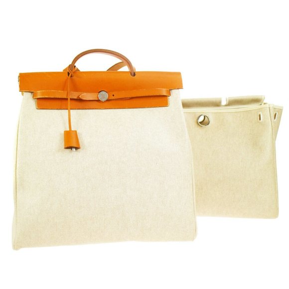 Authentic HERMES HERBAG MM 2 in 1 2way Hand Bag □C Brown Beige Toile H Leather - Picture 1 of 12